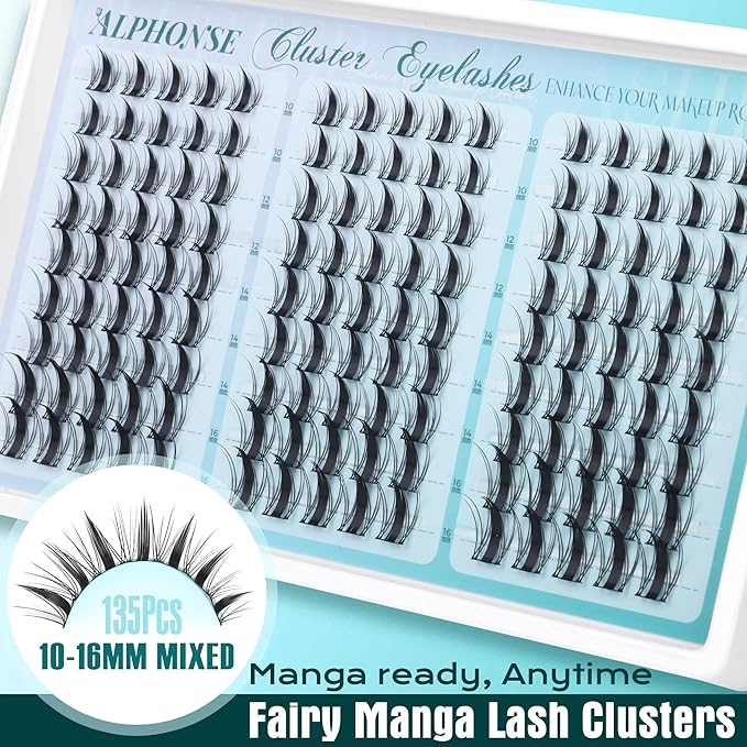 Anime Lash Clusters Fairy Manga Lashes Clusters 10-16mm Mixed Spiky Cluster Eyelash Extensions 135pcs Wispy Individual Lashes by ALPHONSE