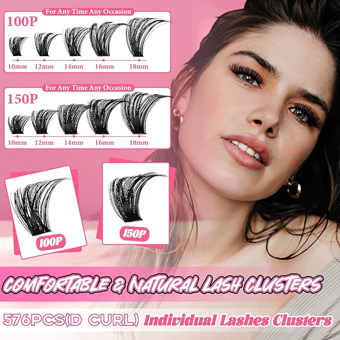 Gmagictobo Lash Clusters Kit Cluster Eyelash Extensions 560Pcs Volume 100D 150D Lashes Clusters D Curl Eyelash Clusters DIY Individual Lash Clusters Eyelash Glue Lash Tweezers