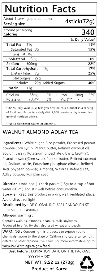 Damtuh Korean Walnut Almond Adlay (Job's Tear) Powder Meal Replacement Shake – Nutty Breakfast Drink, Misugaru, 18g x 15 Sticks