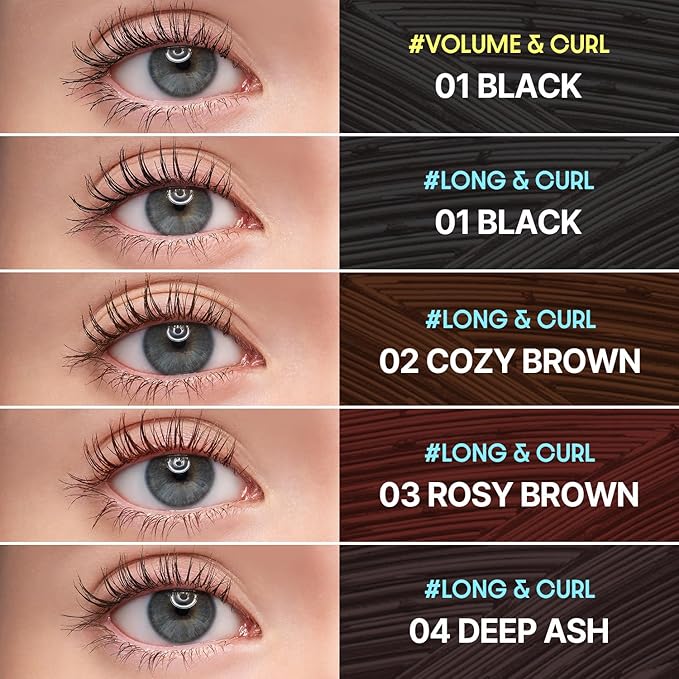 COSNORI Perfect Setting Waterproof Mascara Long&Curl 04 Deep Ash – Long-Lasting Smudge - Ash Brown Mascara - Korea Waterproof, Long lash, Strong fixing, Silk Amino Acids - 0.23fl oz (7ml)