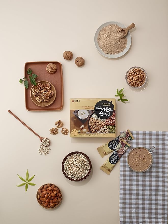 Damtuh Korean Walnut Almond Adlay (Job's Tear) Powder Meal Replacement Shake – Nutty Breakfast Drink, Misugaru, 18g x 15 Sticks