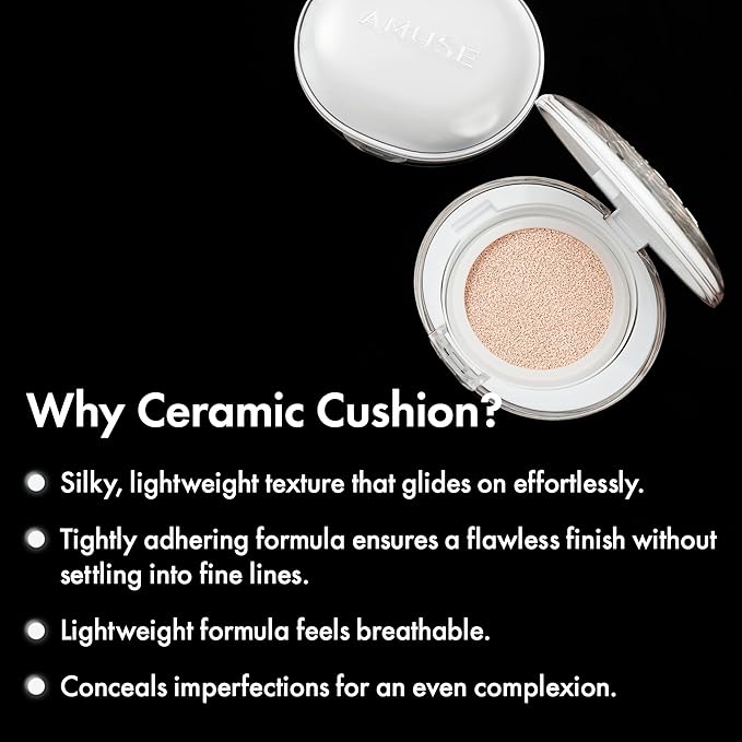 Amuse SEOUL Ceramic Skin Perfector Cushion Foundation (03 HONEY) | Long-lasting, Lightweight, Semi-matte, Flawless Coverage, Hypoallergenic, Vegan, Korean Beauty (15g / 0.52oz.)