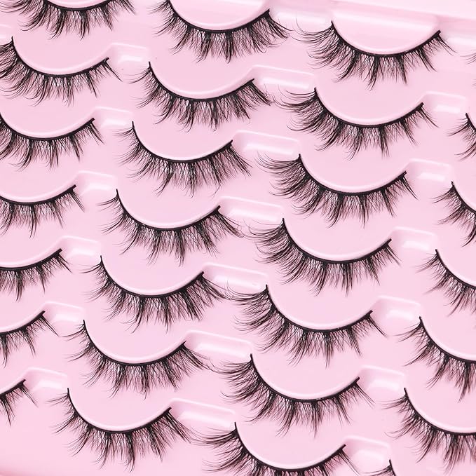 False Lashes Natural Look Wispy Eyelashes Manga Korean Spiky 16mm Short Faux Mink Eyelashes Cat Eye Natural Fake Eyelashes Strip Lashes Pack 14 Pairs