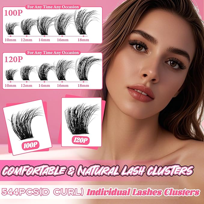 Gmagictobo Cluster Eyelash Extensions Wispy Lash Clusters Kit 544Pcs Volume 100D 120D Eyelash Clusters D Curl Lashes Clusters DIY Individual Lashes Clusters Lash Cluster Glue Lash Tweezers