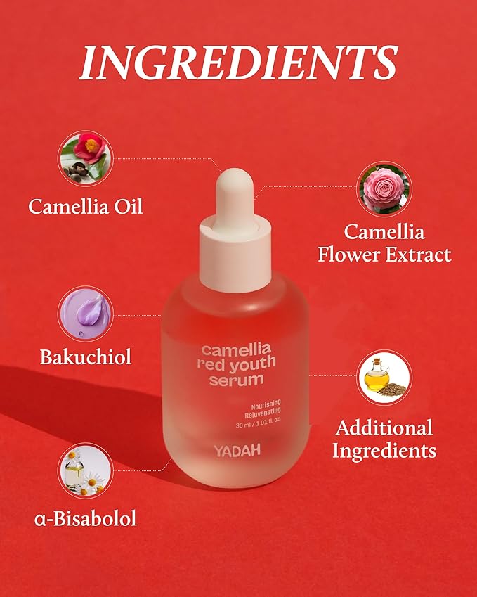 YADAH Camellia Red Youth Serum, Wrinkle care & Firming care Facial Serum with Bakuchiol and Camellia Oil, Hydrating & Skin Defense Treatment, For All Skin Types, 1.01fl oz