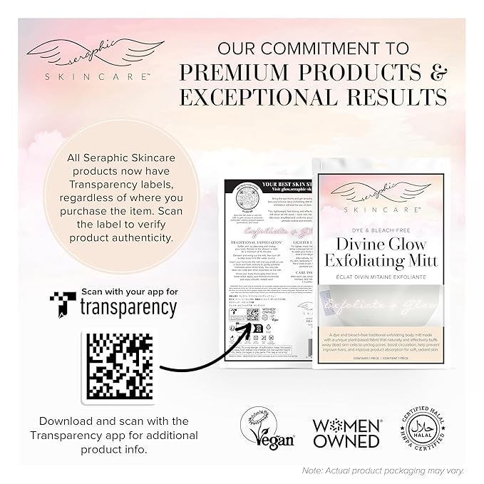 Seraphic Skincare Divine Glow Exfoliating Mitt (1pc) – 100%, Dye-Free, Bleach-Free Vegan Viscose Korean Exfoliating Glove – Body Exfoliator for Self-Tan Removal & Keratosis Pilaris