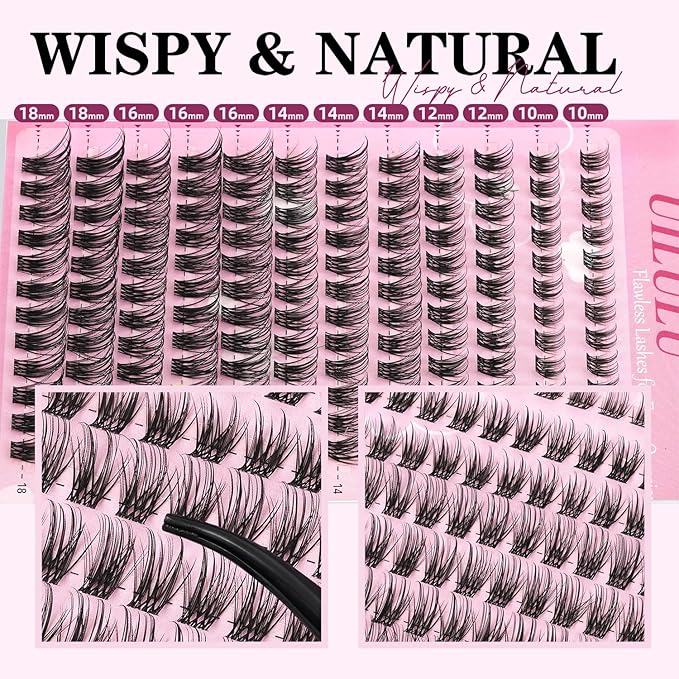 Natural Wispy Lash Clusters Kit 10-18mm Mix D Curl DIY Extension Eye Lashes False Wispy EyeLash Cluster with Bond & Seal, Glue Remover, Tweezers(U14)