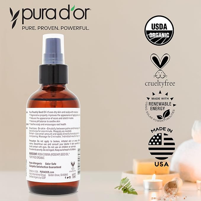 PURA D'OR 4 Oz ORGANIC Rosehip Seed Oil - 100% Pure Cold Pressed USDA Certified Anti-Aging Treatment - Vitamin A & C Rich - Helps Fade Appearance of Scars & Stretch Marks - For Face, Hair & Body