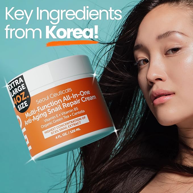 SeoulCeuticals Large 4oz 97.5% Snail Mucin Moisturizer Cream Korean Skin Care - K Beauty Skincare Day & Night Snail Repair Cream Filtrate Cruelty Free