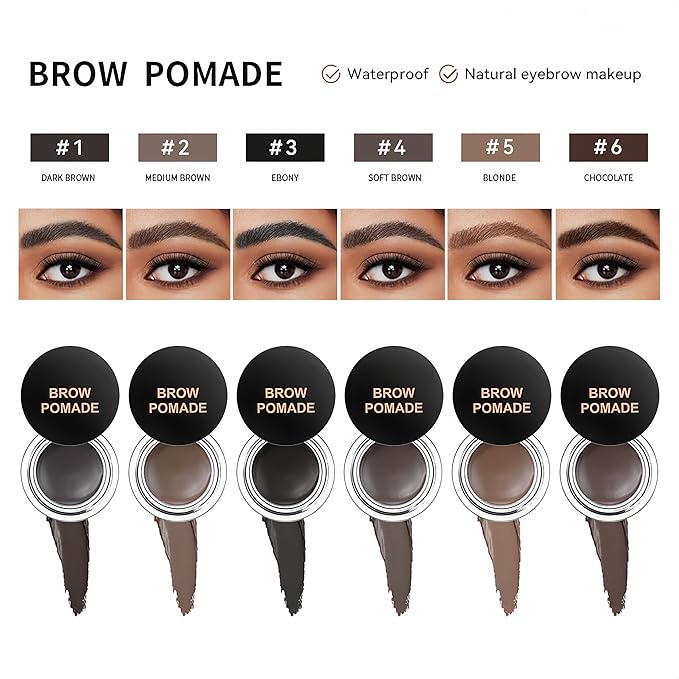 MAEPEOR Eyebrow Pomade 6 Colors Matte Smooth Full-pigmented Brow Pomade Long Lasting Waterproof Natural Brow Gel for All Skin Types and Tones (Matte, 01 Dark Brown)