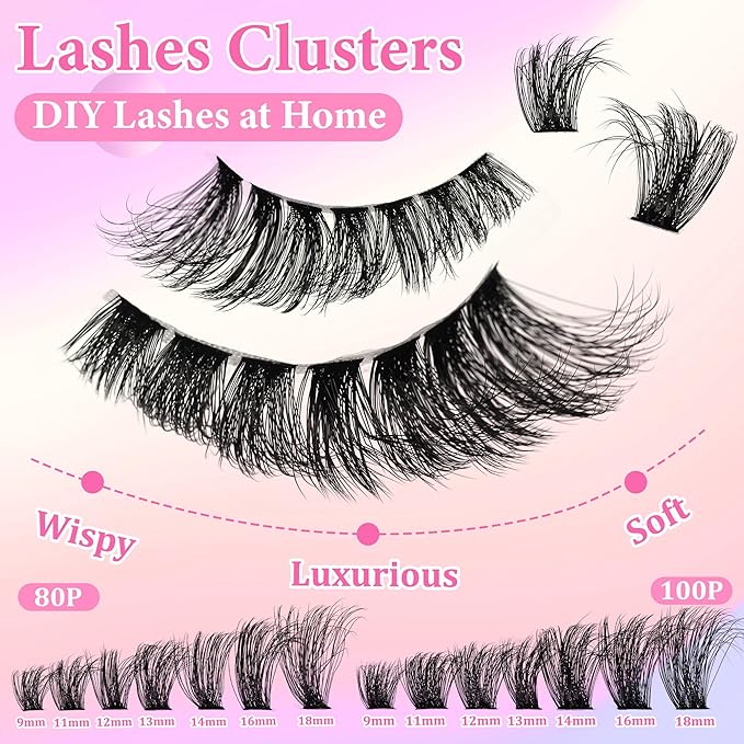Gmagictobo Lash Clusters Kit Wispy Lash Clusters Thick Volume Lashes Clusters Thin Band 280Pcs Cluster Eyelash Extensions Lash Glue and Lash Tweezers