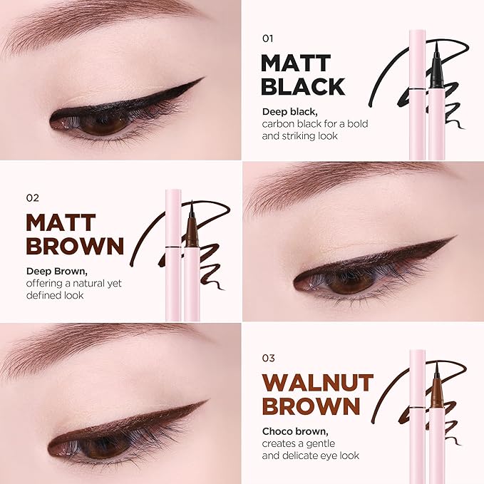 lilybyred AM9 to PM9 Survival Penliner | Korean Waterproof Liquid Eyeliner, 0.1mm Ultra-Fine Brush, Highly Pigmented, Quick-Dry, Smudge-Proof, Long-Lasting, Precision Line, 0.021 oz. (02 Matt Brown)