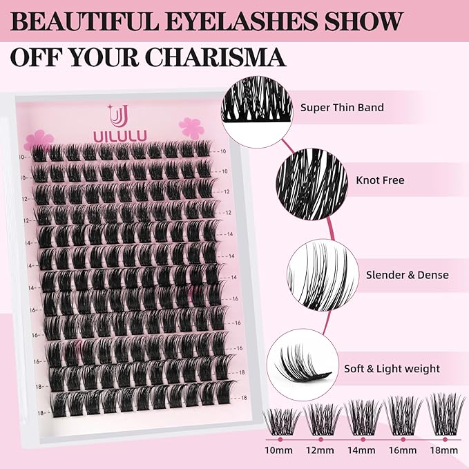 Lash Clusters kit 10-18mm DIY Lash Extension Kit 132 D Curl Lash Clusters 0.07D Fluffy Individual Lashes Clusters False Eyelashes Natural Wispy Eye Lash Kits Extensions Kit U08 Kit