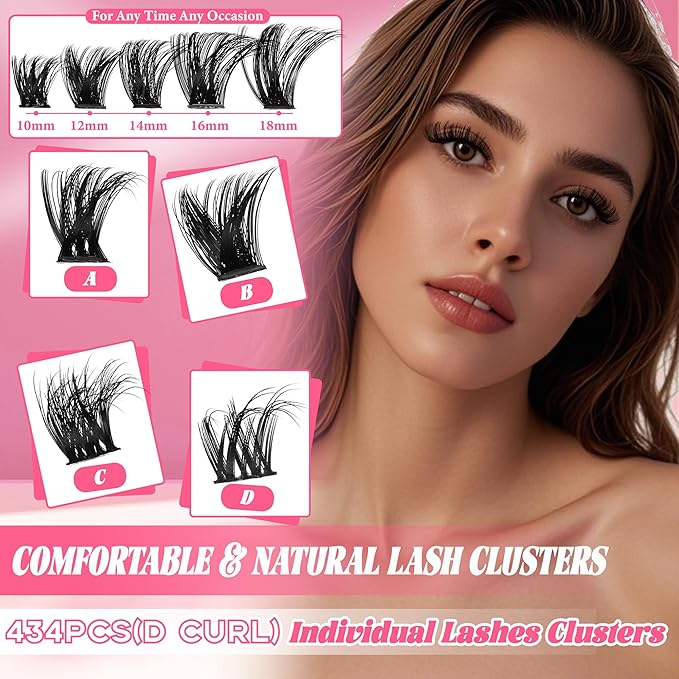 Gmagictobo Lash Clusters Wispy Lash Clusters Kit Volume Cluster Eyelash Extensions 434Pcs Eyelash Clusters DIY Lashes Clusters Lash Bond and Seal Lash Tweezers