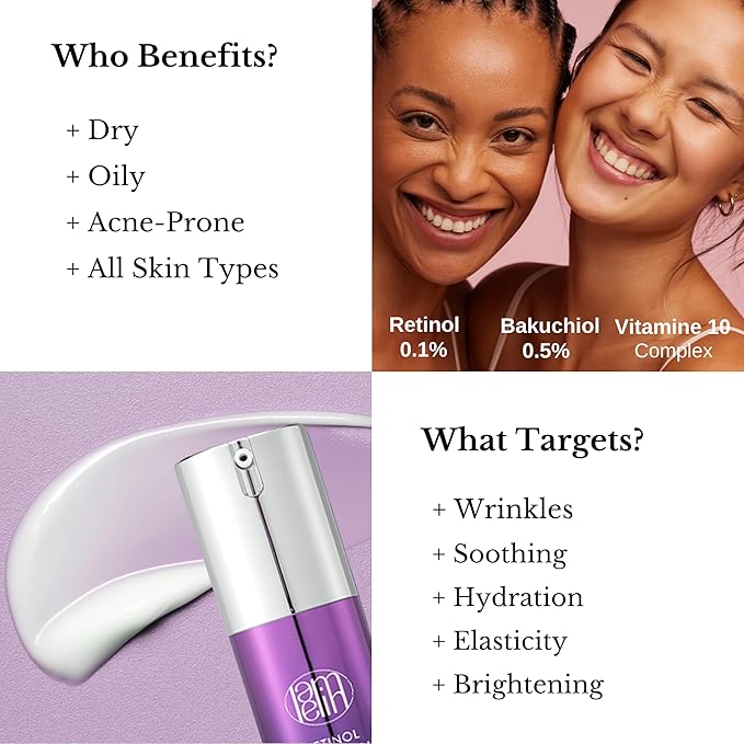 Lamelin Wrinkle Serum Cream, Retinol & Bakuchiol & Niacinamide, 10 Vitamins & Herbs, Antioxidant, Eye Bag Dark Neck Correction, Day & Night Skin Brightening, 1.76 Fl Oz. Made in Korea