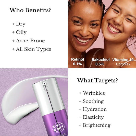 Lamelin Wrinkle Serum Cream, Retinol & Bakuchiol & Niacinamide, 10 Vitamins & Herbs, Antioxidant, Eye Bag Dark Neck Correction, Day & Night Skin Brightening, 1.76 Fl Oz. Made in Korea