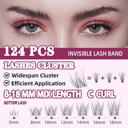 Natural Lash Clusters Kit 8-18mm with 5mm Bottom Lashes Natural Eye Lashes Wispy Lash Clusters False Eyelash Clusters DIY Lash Extension Kit with Bond & Seal Glue Remover Tweezers(U18 Lash Kit)