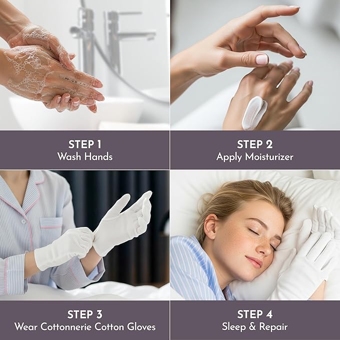 4 Pairs Cottonnerie Basics Cotton Gloves for Dry Hands Sleeping, Moisturizing Gloves Overnight, Hand Moisturizer Gloves, Moisture Gloves for Dry Hands Overnight, Sleeping Gloves, Medium