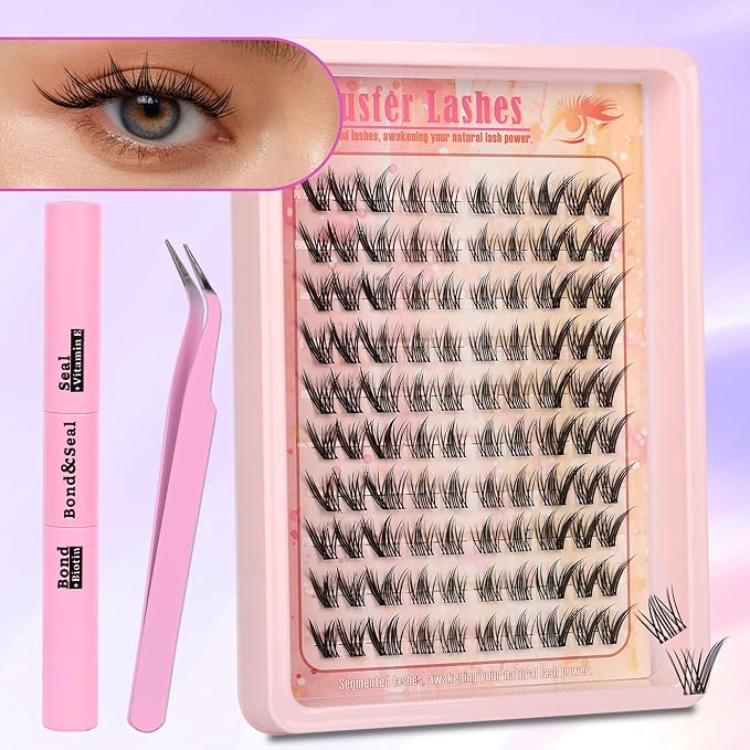 Gmagictobo Lash Clusters Manga Lash Clusters Kit Spiky Eyelash Clusters Natural Clear Band Fairy Lashes Pack Wet-Look C Curl Individual Lashes Clusters Lash Glue Lash Tweezers