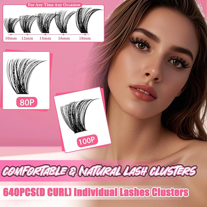 Gmagictobo Lash Extension Kit Lash Clusters Kit 640Pcs Volume Eyelash Clusters C Curl Lashes Clusters DIY Cluster Eyelash Extensions With Lash Bond and Seal Lash Tweezers