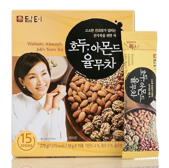 Damtuh Korean Walnut Almond Adlay (Job's Tear) Powder Meal Replacement Shake – Nutty Breakfast Drink, Misugaru, 18g x 15 Sticks