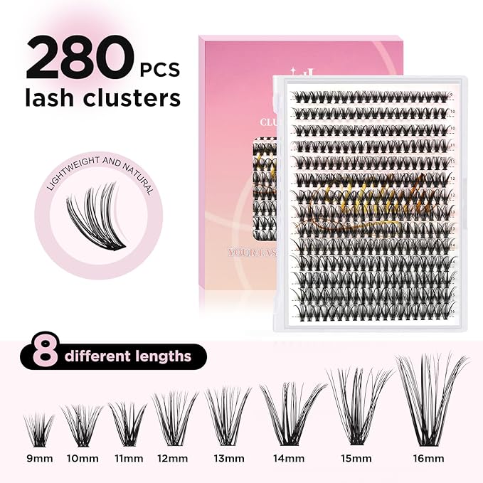 Lash Clusters kit 9-16mm DIY Lash Extension Kit 280 40D D Curl Lash Clusters 0.07D Natural Individual Lashes Clusters False Eyelashes Wispy Eye Lash Kits Extensions Kit