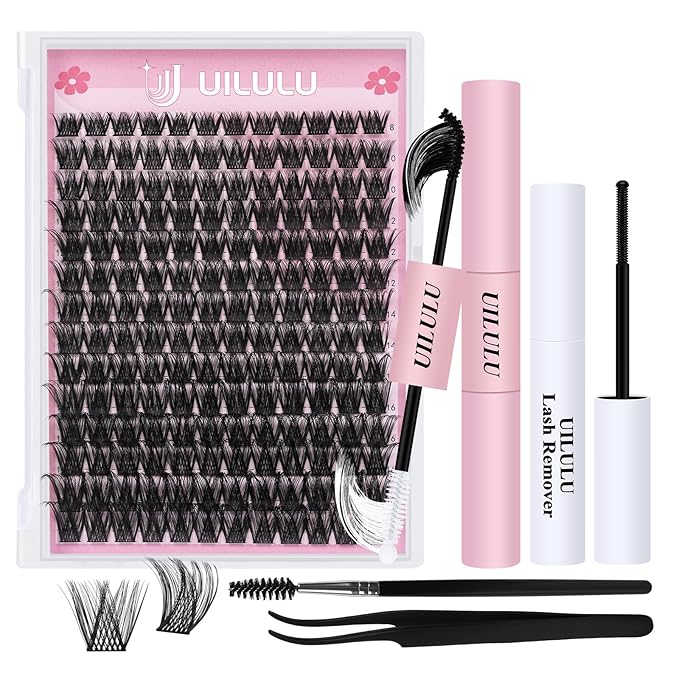 Lash Clusters Kit for DIY Lash Extension at Home, False Eyelashes Set with Bond Seal, Lash Remover, Brush, Tweezers, D Curl Wispy Individual Clusters Eye Lash Extensions (U04 DIY Lash Kit)
