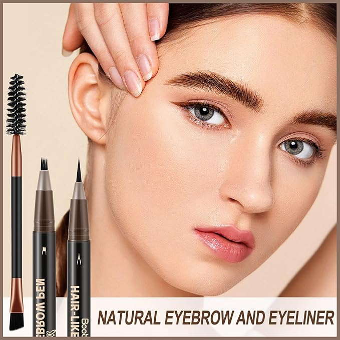 Boobeen 2pcs Waterproof Eyebrow Pen，Dual-Ended Eyeliner Microblading Eyebrow Pencil for Women，Long Lasting Hair-Like Brow Pen with Brow Brush，Dark Brown