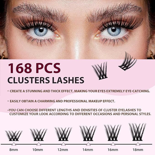 Lash Clusters kit 8-18mm DIY Eyelash Extension Kit 168 Natural Lash Clusters 0.07D D Curl Wispy Individual Eyelash Clusters False Lashes Eye Lash Extension Lash Kits