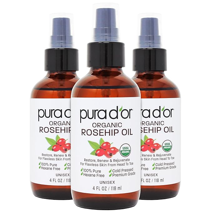 PURA D'OR ORGANIC Rosehip Seed Oil Hair Relaxer (4 Oz x3 = 12 Oz) 100% Pure Cold Pressed USDA Certified All Natural Anti-Aging, Scar Treatment, Gua Sha Massage, Face, Hair & Skin - Women & Men