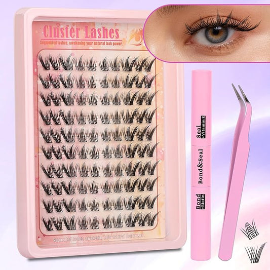 Gmagictobo Lash Clusters Manga Lash Clusters Kit Spiky Eyelash Clusters Natural Clear Band Fairy Lashes Pack Wet-Look C Curl Individual Lashes Clusters Lash Glue Lash Tweezers