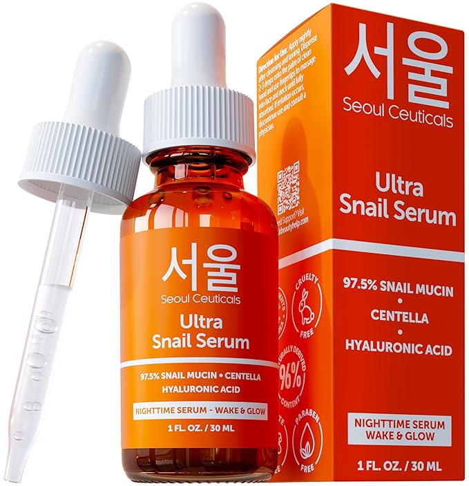 SeoulCeuticals Korean Skin Care 97.5% Snail Mucin Serum – K Beauty Skincare Anti Wrinkle Cica Night Serum Hyaluronic Acid for Face 1oz