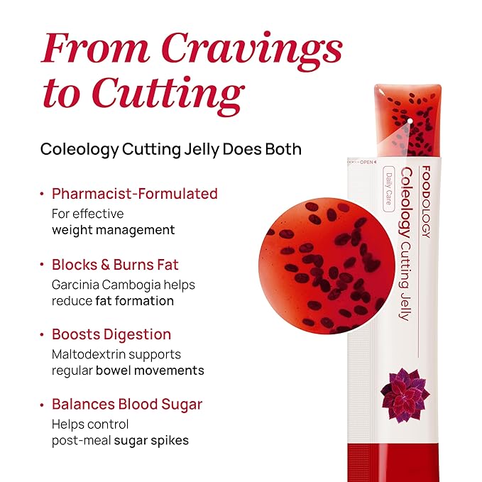 FOODOLOGY Coleology Cutting Jelly (10 Days) - Garcinia Cambogia (HCA) Jelly Sticks. Delicious Pomegranate Flavored. Chia Seeds, Collagen.