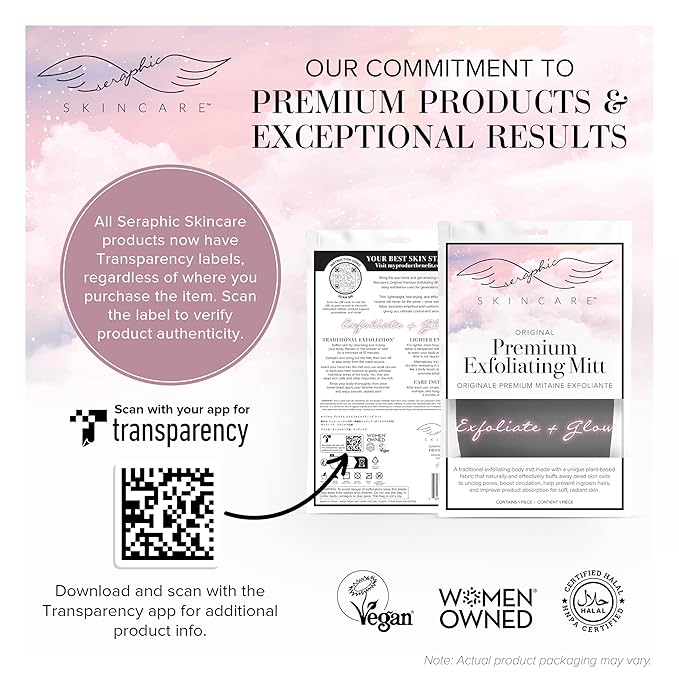 Seraphic Skincare (Original) Premium Exfoliating Mitt for Body (1pc) – 100% Vegan Viscose Traditional Body Scrub Glove Kessa Korean Washcloth – Body Exfoliator for Self-Tan Removal & Keratosis Pilaris