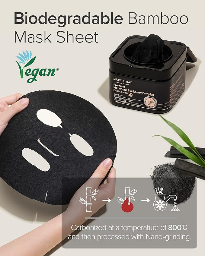 Mary&May Premium Idebenone Blackberry Complex Essence Mask - Quick Dispenser Type Anti Aging Korean Face Mask Sheet - Vitamin C, Panthenol, and Ceramide for Moisturizing and Radiant Skin, 20 Sheets