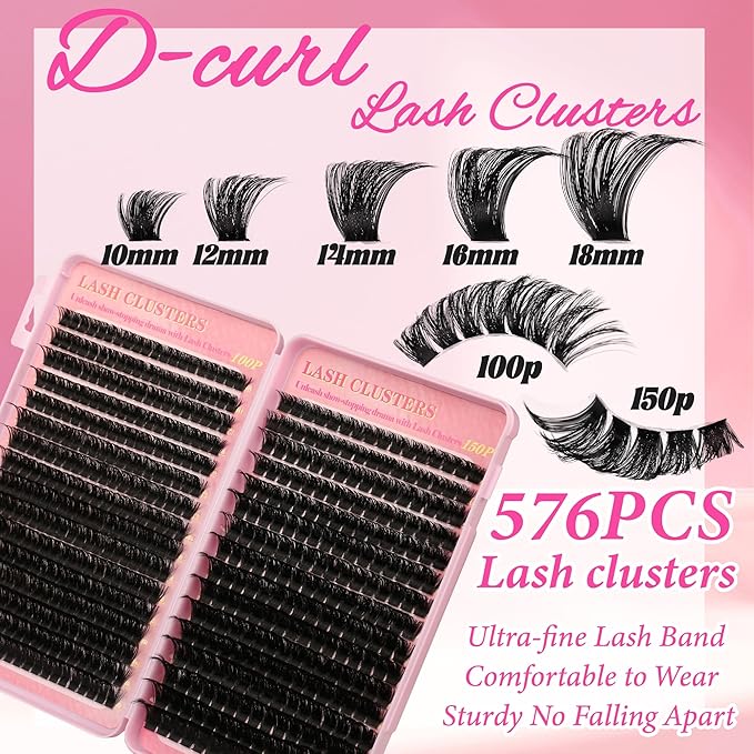 Gmagictobo Lash Clusters Kit Cluster Eyelash Extensions 560Pcs Volume 100D 150D Lashes Clusters D Curl Eyelash Clusters DIY Individual Lash Clusters Eyelash Glue Lash Tweezers