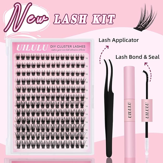 Lash Clusters Kit for DIY Lash Extension at Home, False Eyelashes Set with Bond and Seal, Lash Remover, Tweezers, D Curl Wispy Individual Clusters Eye Lash Extensions Kit (U24 DIY Lash Kit)