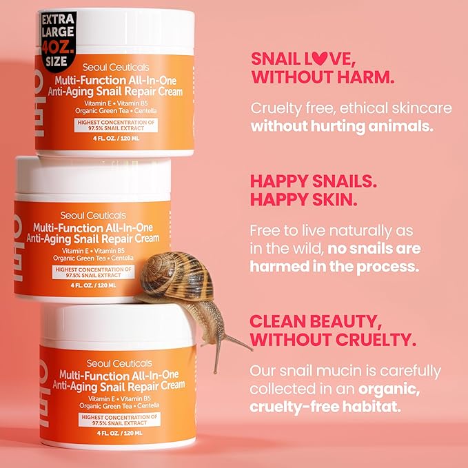 SeoulCeuticals Large 4oz 97.5% Snail Mucin Moisturizer Cream Korean Skin Care - K Beauty Skincare Day & Night Snail Repair Cream Filtrate Cruelty Free