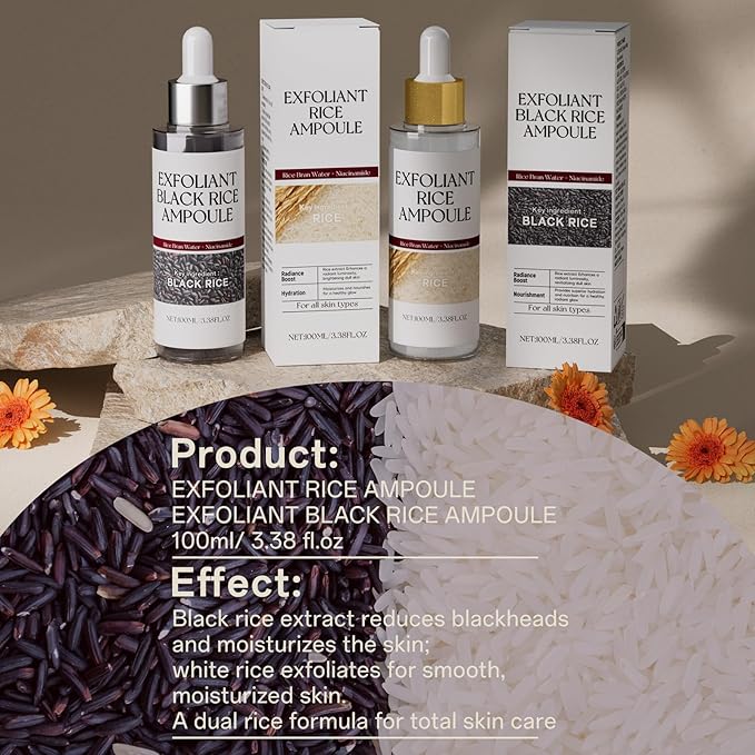 2-Pack Black & White Rice Exfoliating Ampoule, Gentle Rice Peel Facial & Body Treatment, Korean Skincare for All Skin Types with Dual Rice Enzymes
