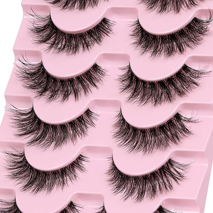 Veleasha Natural Lashes Fluffy Eyelashes Cat Eye Lashes 7 Pairs 8-15mm Clear Band False Eyelashes C Curl Wispy Faux Mink Lashes Soft 100% Handmade Fake Eyelashes (C01)