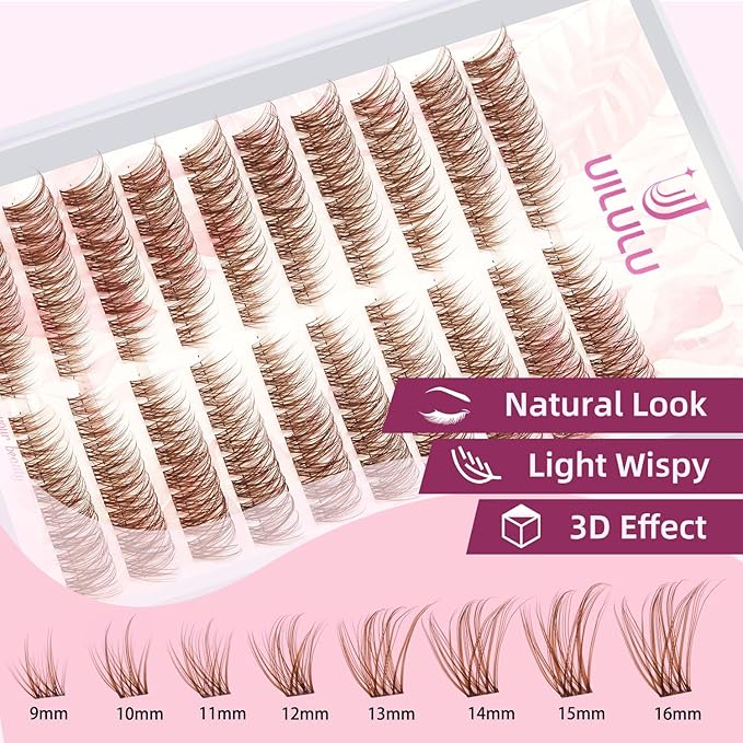 Brown Lash Clusters Kit Natural Lashes Extensions Wispy Eyelash Cluster 160pcs D Curl Left&Right with Bond & Seal, Glue Remover, Tweezers(U16)