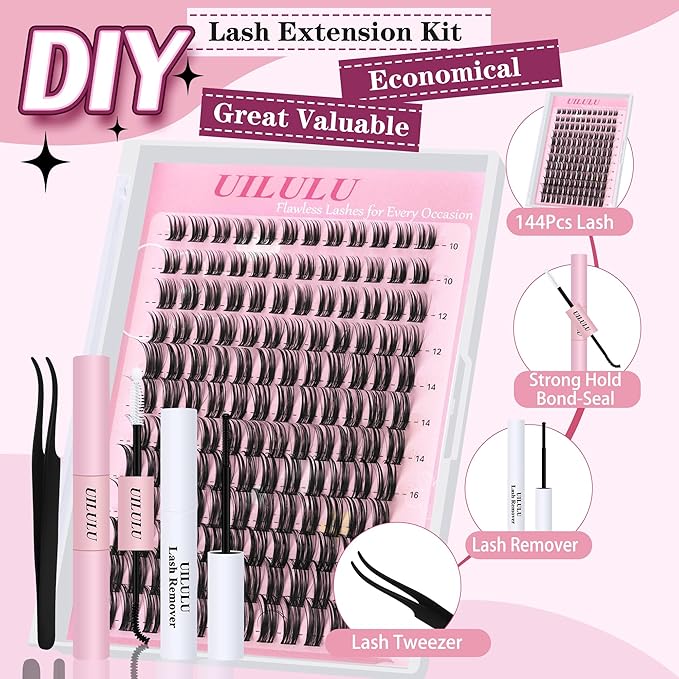 Lash Cluster Kit Wispy Waterproof Lash Extension Kit DIY at Home Lash Extensions (U15 Kit)