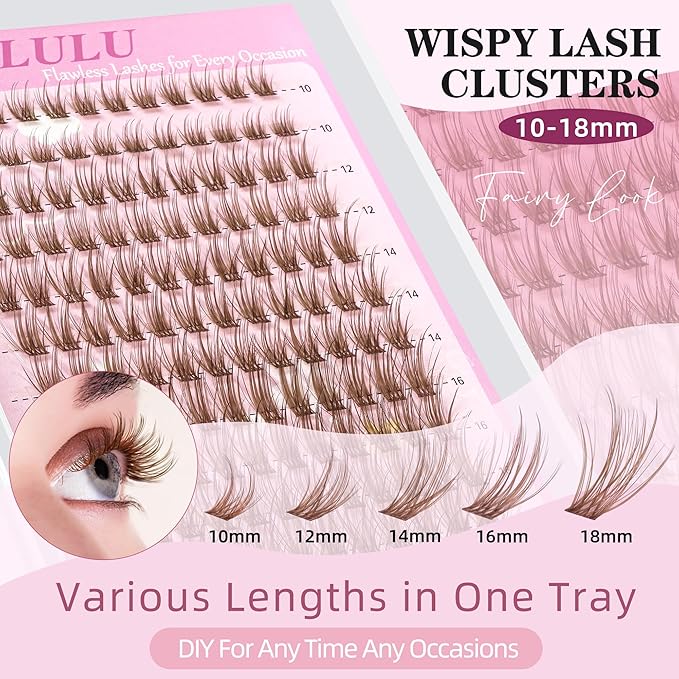 Brown Lash Clusters Kit 10-18mm Wispy Lash Clusters D Curl Eyelash Clusters, DIY Lash Extension Kit with Lash Bond & Seal, Lash Glue Remover, Lash Tweezers