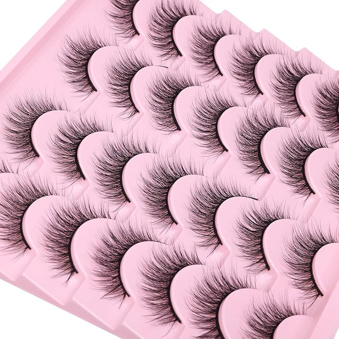 Wispy Lashes 12mm False Eyelashes Natural Look Short Faux Mink Eyelashes Wispies Ripple Strip Lashes Pack, 14 Pairs