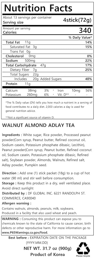 Damtuh Korean Walnut Almond Adlay (Job's Tear) Powder Meal Replacement Shake – Nutty Breakfast Drink, Misugaru, 18g x 50 Sticks