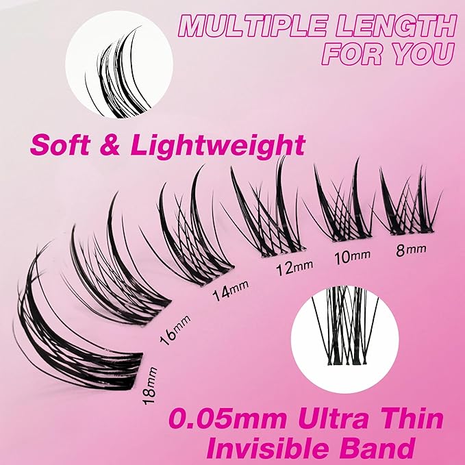 VEYESBEAUTY Lash Clusters Eyelash Extensions Thin & Invisible Band DIY Individual False Eyelashes Newbie's Five-Second Series Wispy Lash Tray for Self-application, Sylph Lashes 8-18mm Mixed Length