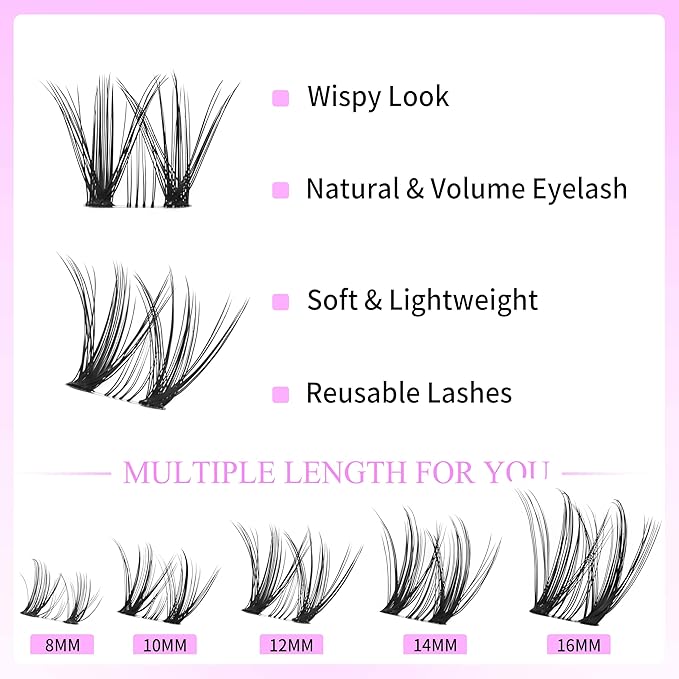 VEYESBEAUTY Lash Clusters Eyelash Extensions Thin & Invisible Band DIY Individual False Eyelashes Newbie's Five-Second Series Wispy Lash Tray for Self-application, Whisper Lashes 8-16mm Mixed Length