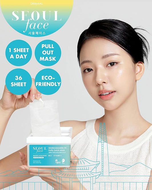 DERMAL Seoul Face Madecassoside 3X Daily Quick Mask 36 Sheet – Korean Skincare Vegan Tencel Facial Masks - Improving Dark Spots, Soften Skin Mask Sheets with Rice, Vitamin C, Panthenol