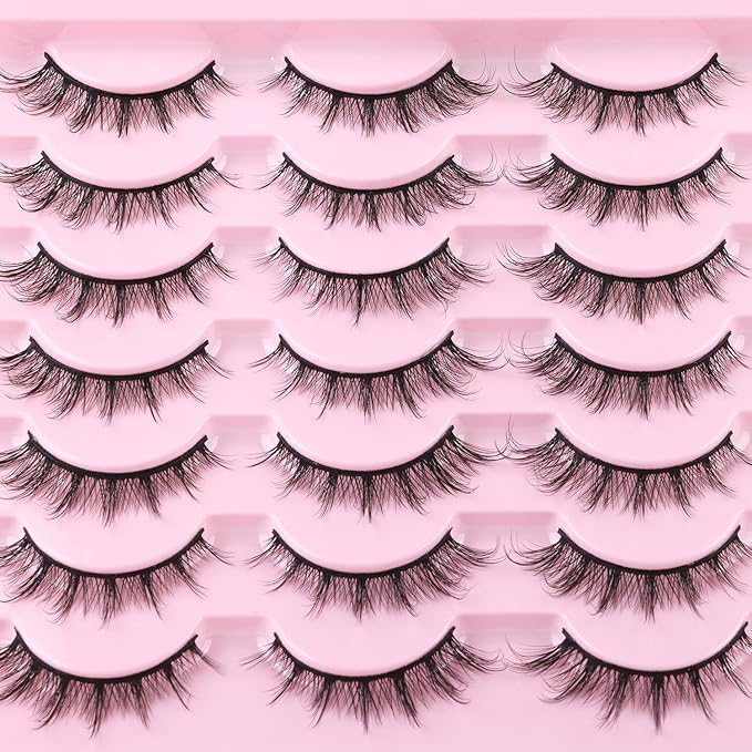 False Lashes Natural Look Wispy Eyelashes Manga Korean Spiky 16mm Short Faux Mink Eyelashes Cat Eye Natural Fake Eyelashes Strip Lashes Pack 14 Pairs