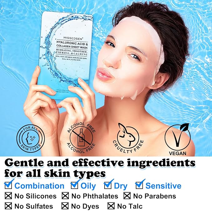 Collagen Face Mask with Hyaluronic Acid, Vitamin E Oil for Skin Care Hydrating, Moisturizing, Brightening & Anti Aging Face Masks Skincare for Oil, Dry, Acne, Sensitive All Skin Types 5PCS